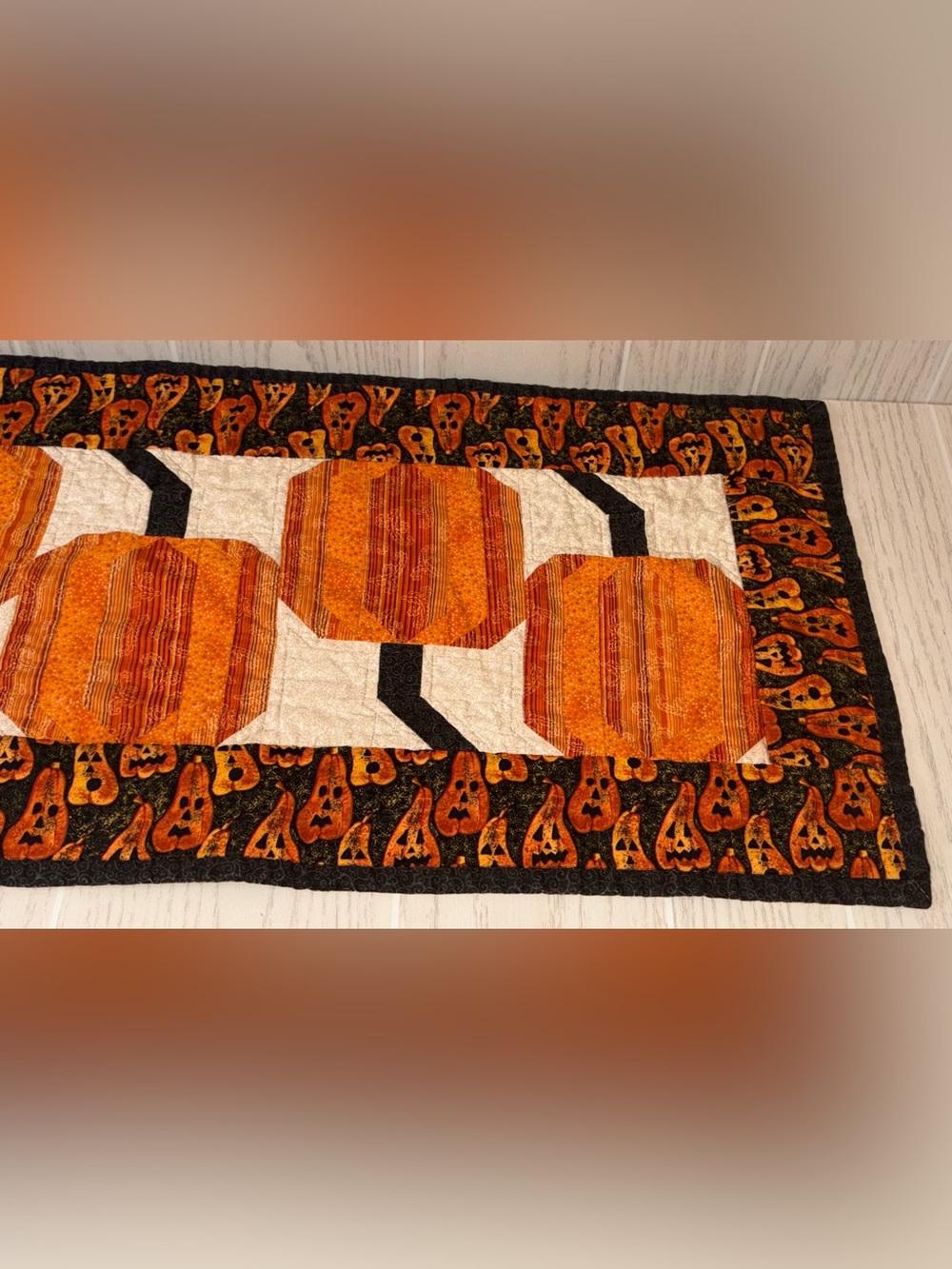 Handmade fall pumpkin motif table runner Quilted Halloween